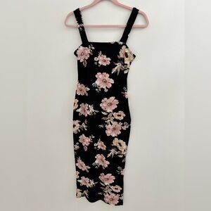 SHEIN Black Midi Dress with Pink Floral Design